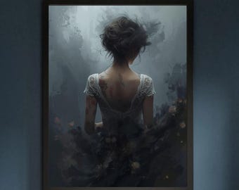 Ethereal Woman in Lace – Moody Portrait Wall Art Print, Romantic Feminine Silhouette digital download