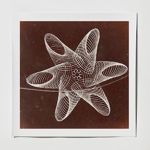 Pode incluir: Uma impressão vintage com um design geométrico branco em forma de estrela composto por linhas curvas. A obra de arte está sobre um fundo castanho escuro, com um pequeno motivo floral no centro. A impressão é montada num quadrado branco.