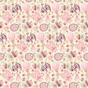 Puede incluir: Patrón repetitivo de ilustraciones con temática de bebé en tonos rosa y blanco sobre fondo crema. El diseño incluye zapatos de bebé, baberos, globos aerostáticos, cochecitos, vestidos y fresas.