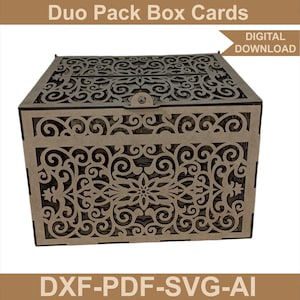 Puede incluir: Una caja de madera con intrincados patrones florales y de remolinos cortados con láser. La caja es rectangular con una tapa con bisagras y un cierre. El texto "Duo Pack Box Cards" y "DIGITAL DOWNLOAD" son visibles. La parte inferior de la caja tiene el texto "DXF-PDF-SVG-AI".