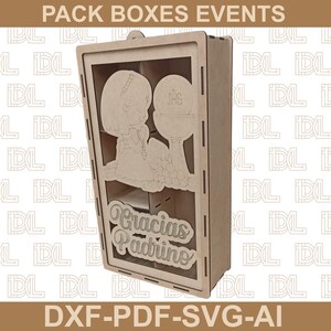 Puede incluir: Caja de madera con un diseño cortado con láser que presenta una niña, un cáliz y las palabras "Gracias Padrino". La caja tiene forma rectangular con un panel frontal transparente y el texto "PACK BOXES EVENTS" y "DXF-PDF-SVG-AI".