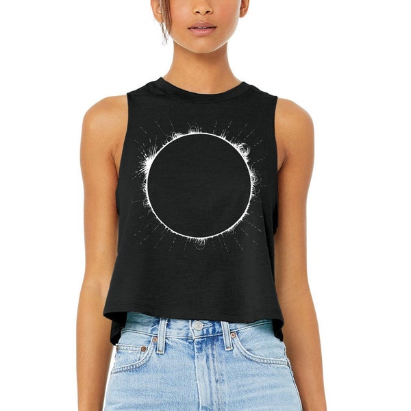 Total Solar Eclipse Racerback Cropped Tank Top, Women's Black Space Eclipse t-shirt, Summer Festival Tank, yoga clothing