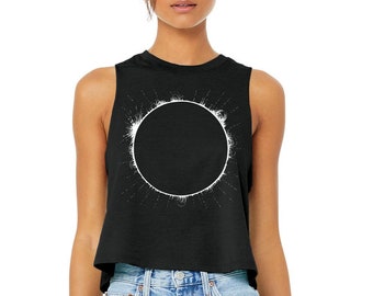 Total Solar Eclipse Racerback Cropped Tank Top, Women's Black Space Eclipse t-shirt, Summer Festival Tank, yoga clothing