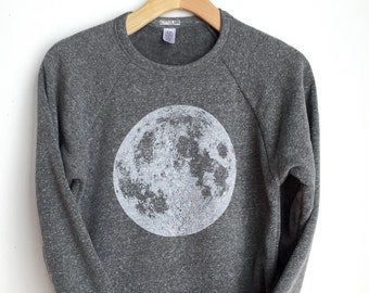 Full Moon Sweatshirt, moon raglan, lunar moon print, boho chic shirt, yoga chic, womens clothing, mens clothing, heather grey sweatshirt