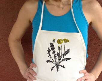 Dandelion Flower Two Pocket or Floral Button Accent Bib Apron Perfect for Cooking Grilling Baking Gardening Hostess Gift for Chef or Cooks