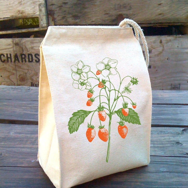 Sac à lunch en tissu aux fraises, sac à lunch Montessori Kid, boîte à lunch mignonne, fourre-tout en toile de coton, sac à lunch lavable réutilisable, imprimé botanique