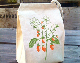 Strawberry Cloth Lunch Bag, Montessori Kid Lunch Bag, Cute Lunch Box, Cotton Canvas lunch tote, reusable washable lunch bag, botanical print