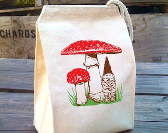 Lunch Bag, Kid Lunch Box, Red Mushroom Lunch Bag Garden Gnome design, Recycled Cotton Canvas Snack sack with rope handle, woodland gift