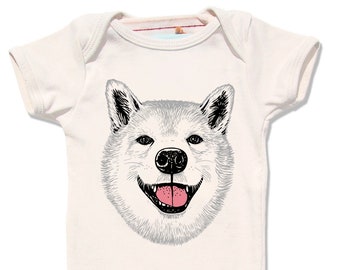 Happy Dog Onesie, Organic baby clothes, Cute Dog Baby Gift, Shiba Inu dog, Husky dog baby gift, unisex baby gift, baby boy gift, pupper gift