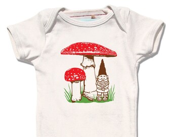 Gnome Onesie, Organic Baby Clothes, Gnome Mushroom Bodysuit, natural organic baby gift, spring summer woodland design, baby boy baby girl