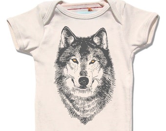 Organic Baby One Piece, Organic Wolf Shirt Wolf Bodysuit, Hand Printed Baby Clothing Woodland Baby Gift, Infant Onesie unisex baby gift