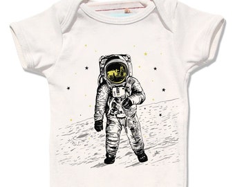 Astronaut Moon Bodysuit - space walk on the moon graphic with yellow gold metallic foil print, organic rad gift for baby boy and girl