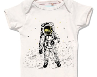 Astronaut Moon Bodysuit - space walk on the moon graphic with yellow gold metallic foil print, organic rad gift for baby boy and girl