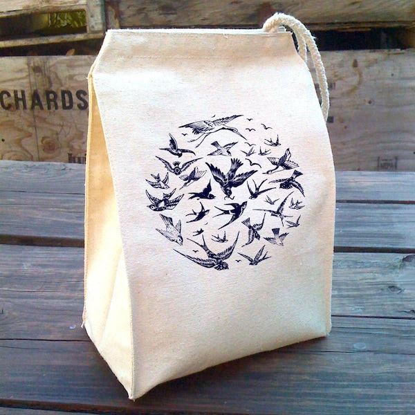 Birds Lunch Bag, Kids Nature Lunch Bags, Birds Lunch Box, Reusable lunch bag, washable lunch bag, Cotton Canvas lunch bag with rope Handle
