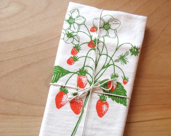 Strawberry Kitchen towel, summer berries, dishcloth, strawberry dish towel, strawberry gift, hand printed towels, cute housewarming gift