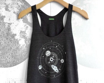 Womens Solar System tank top, know your planets space shirt, astronomy gift for her, science shirt, silver glow dark ink, summer tank tops