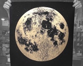 2014 Moon Phases Calendar, 22x30 large screenprint, silver gold or grey print on black, luna lunar wall art, space, stars