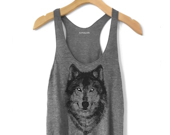 Grey Wolf tank top, Women&#39;s Wolf t-shirt, gifts for teens, boho chic clothing, wolf gifts, nature animal shirt, boho yoga clothes