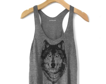 Grey Wolf tank top, Women's Wolf t-shirt, gifts for teens, boho chic clothing, wolf gifts, nature animal shirt, boho yoga clothes