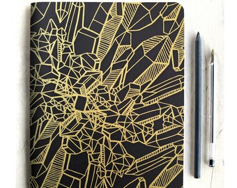 Crystal Journal, Art Sketchbook, Blank Notebook, Gold Gifts, Hand printed journal with metallic ink, gift for crystal lover, gift for mom