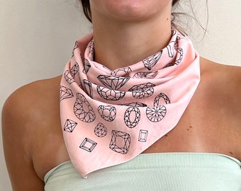 Pink Diamond Bandana, Mint Gemstone Bandana, Handprinted Cut Gems Bandana, cute accessory bandana bib, women's bandana, mens bandana