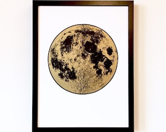 Moon Print, Gold Print, Full Moon, Boho Bohemian Moon Art Print, Wall Art, Collage Art, Copper Silver Space, unique nursery decor IKEA frame