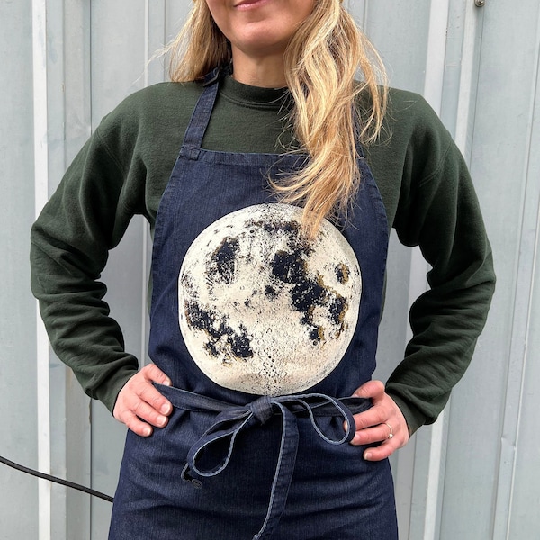 Tablier de cuisine de lune, tablier de chef en denim, tablier de magasin, impression de pleine lune, tablier de cuisine, tablier de cuisson, tablier de barista