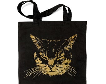 Cat Tote bag, Black handbag, Gold Cat Black Tote bag, Hand Printed metallic glitter ink, gift for Kitty Lover, Cat lover gift