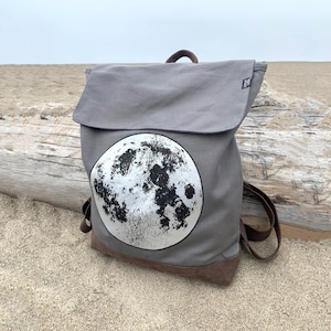 Silver Moon Grey Backpack by Little Lark, Canvas Backpack, Moon Bag, Vegan Backpack, Grey Rucksack, School Bag Silver Moon / Grey