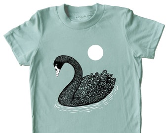 Black Swan T-Shirt for Kids, Blue Swimming Swan Tee with Sun Moon, Non-Gender Nature Graphic Tees for Children