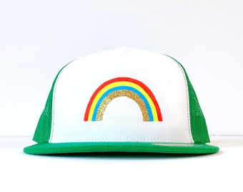 Rainbow Hat, Hand Painted Rainbow Trucker Hat, Glitter Rainbow Hat, LGBTQ Rainbow Gifts, Glitter Rainbow Gift, Adjustable Unisex Trucker Hat