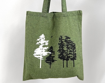 Green Hemlock Tree tote bag, Nature Forest Green book bag made with recycled material, lightweight handbag, hand screen printed