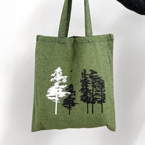 Sac fourre-tout vert pruche, cartable vert forêt nature fabriqué à partir de matériaux recyclés, sac à main léger, sérigraphie à la main