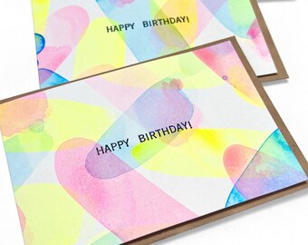 Watercolor Happy Birthday Card, Rainbow Balloons Card, Hand Printed Neon Card