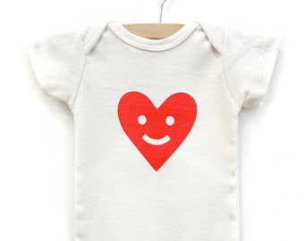 Organic Happy Heart Baby Onesie Bodysuit, Love Baby Valentine Gift, Hand Printed Neon Red