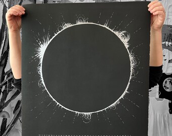 2024 Large Total Solar Eclipse Moon Print, Wall Calendar, Silver Handprinted Lunar Calendar, Moon Phase Chart, April 8th Eclipse