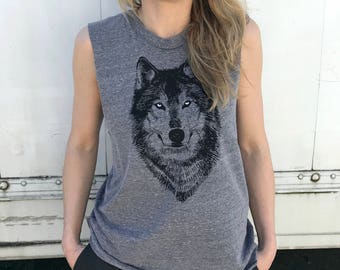 Wolf Tomboy Tank, Tank tops, Muscle Tank Top, Bro Tank top, Womens Tops, Grey Wolf Shirt, Gray Wolf Tshirt, Boyfriend shirt, Summer Tank Top