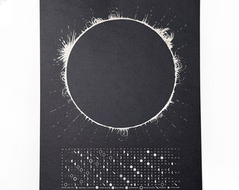 2024 Solar Eclipse Moon Calendar Wall Print, Silver & Gold Handprinted Lunar Calendar, 2024 Moon Phases, Total Solar Eclipse Art Print