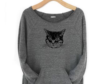 Womens Cat Sweatshirt, Cat Lover Gift, Kitty Cat shirt, Cozy Raglan, off the shoulder Kitty Sweatshirt with Kangaroo pocket, Yoga Clothes