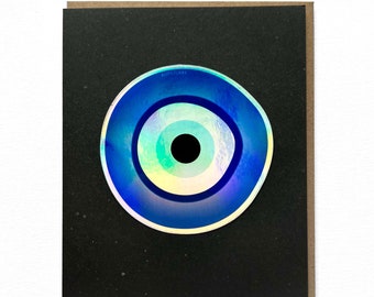 Evil Eye Sticker Card, Nazar Blank Greeting Card, Blue Evil Eye Sticker, Good Luck Card with hologram sticker