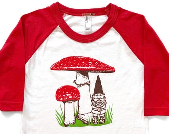 Kids Gnome Mushroom t-shirt, woodland raglan, Magic Mushroom graphic tee, amanita mushroom shirt for children