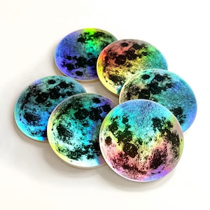 Wood Moon Coasters in Silver Hologram, 4 inch Wood Coaster, Desk Essentials