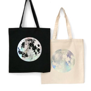 Moon Tote, Full Moon Tote Bag, Hologram Silver Foil Print, black and indigo bag with beautiful metallic screen print, eco-friendly reusable