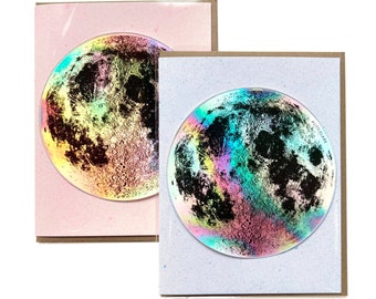 4" Large Moon Sticker Greeting Card, Blank Birthday Card, Silver Hologram Sticker Gift