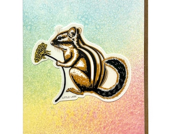 Cutest Chipmunk Sticker Gift Card with Yellow Flower and Rainbow, Forest Animal Everyday Greeting Card