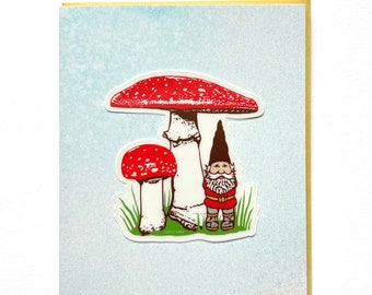 Red Mushroom Gnome Sticker Card, Magically Cute Everyday Greeting Card