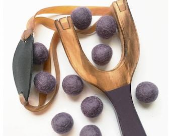 Wood Sling Shot, Wooden Slingshot toy with 10 wool felt balls ammo, Plum toy, purple unisex boy girl toys, great fun birthday gift for kids