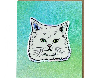 Hologram Fancy Cat Sticker Card, Cute White Cat Birthday Card with Attached Sticker Gift, Blank Everyday Greeting Card