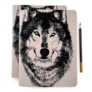 Grey Wolf Journal, Wolf Artist Sketchbook, Animal Print Notebook, Hand Printed Husky Dog Design