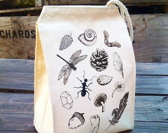 Lunch Bag, Nature Lunch Bags Sack forest dragonfly crystal mushroom ant insect wing feather Recycled Cotton Canvas snack bag rope Handle